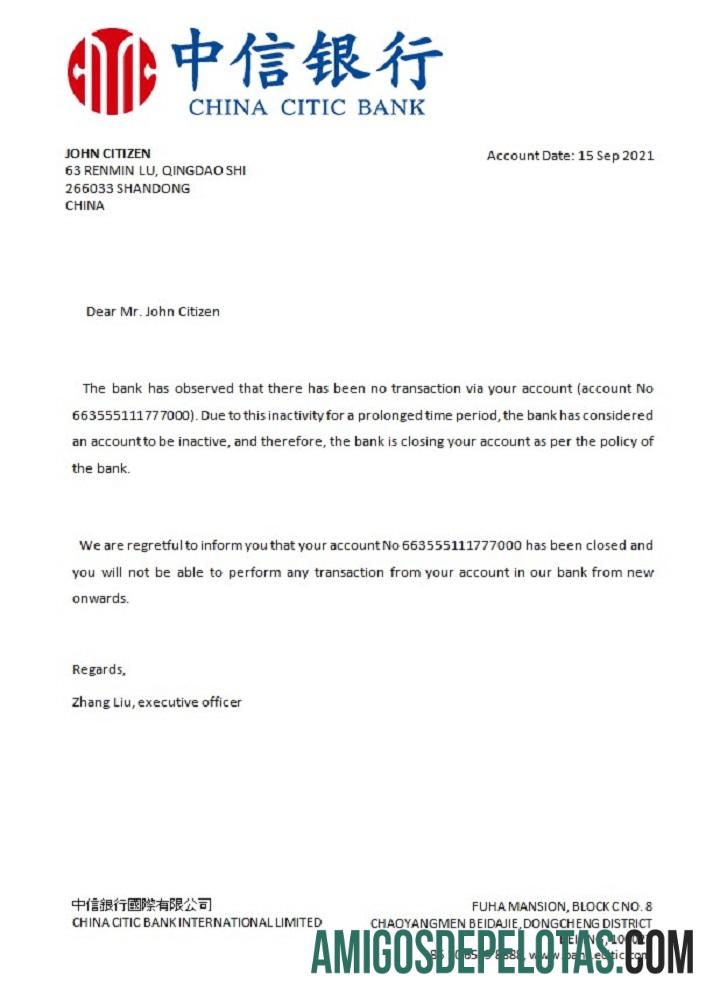 Referência de fechamento do China Citic Bank modelo